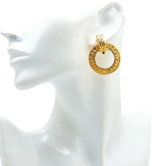 CHANEL 2 Way Hoop Dnagle Clip-On Earrings Gold Tone Auth - Picture 1 of 15